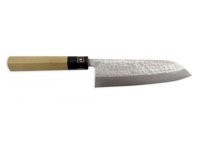 Couteau Santoku japonais artisanal Jikko Japan VG1 16.5cm martel&eacute; manche magnolia