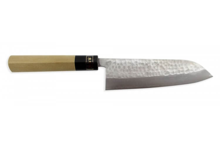 Couteau Santoku japonais artisanal Jikko Japan VG1 16.5cm martelé manche magnolia