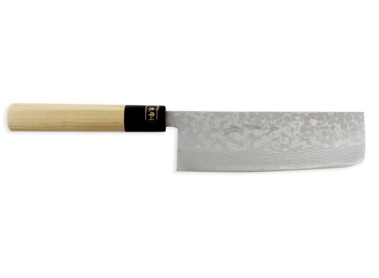Couteau nakiri japonais artisanal Jikko Japan VG10 16.5cm damas 17 couches manche magnolia