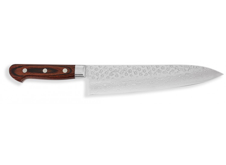 Couteau de chef japonais artisanal Jikko Mahogani Tsuchime 18cm damas 33 couches