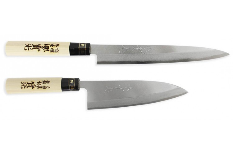 Coffret japonais 2 couteaux artisanaux JIKKO Tokusei Nihon Steel manches magnolia grav&eacute;s