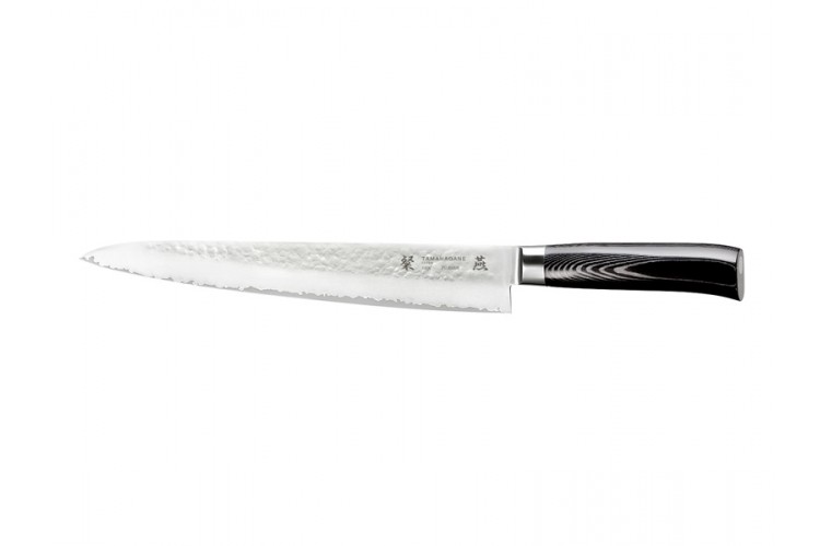 Couteau &agrave; trancher japonais Tamahagane Tsubame lame martel&eacute;e 27cm acier VG5