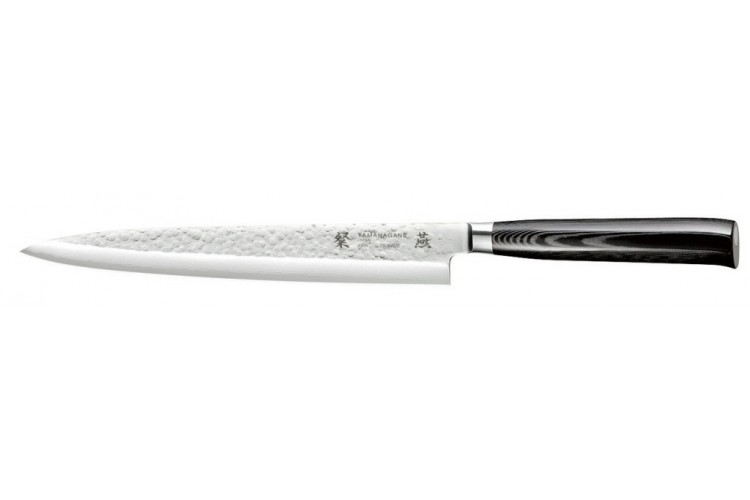 Couteau sashimi japonais Tamahagane Tsubame lame martel&eacute;e 24cm acier VG5