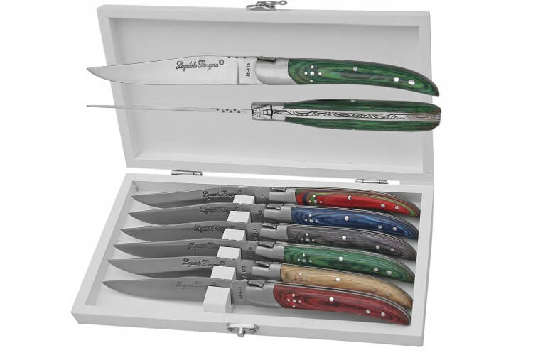 Coffret de 6 couteaux de table Prestige Laguiole Bougna manches bois colorés