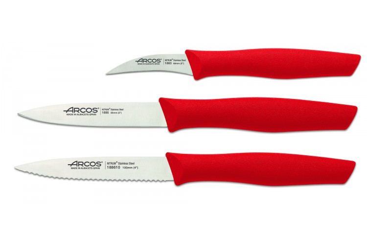 Set 3 couteaux &agrave; l&eacute;gumes Arcos Nova lames acier NITRUM manche rouge