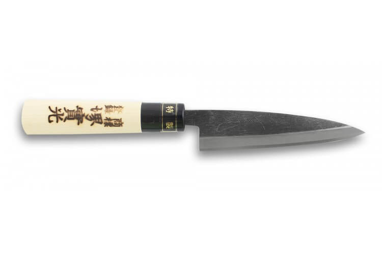 Couteau Kaisaki japonais artisanal JIKKO Tokusei lame brute 12cm Nihon Steel magnolia gravé