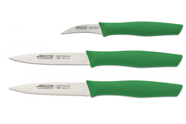 Set 3 couteaux &agrave; l&eacute;gumes Arcos Nova lames acier NITRUM manche vert