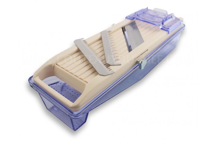 Mandoline japonaise professionnelle Benriner 3 lames couloir 6.5cm + poussoir et bac
