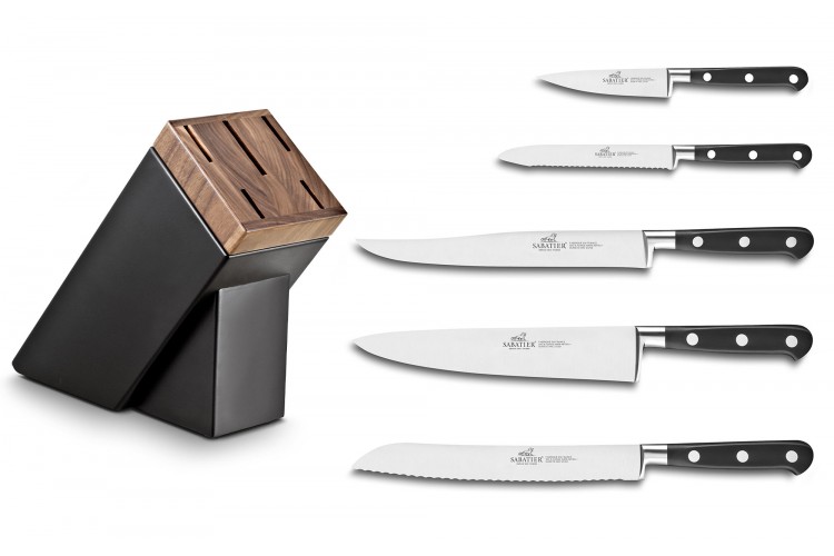 Bloc SABATIER Sarlat en noyer laqu&eacute; noir 5 couteaux Id&eacute;al 100% forg&eacute;s