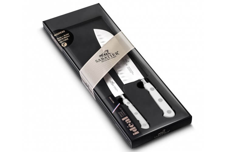 Coffret 2 couteaux Sabatier Toque blanche 100% forgé office + santoku
