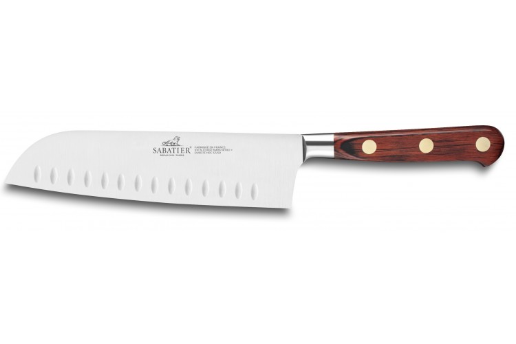 Couteau Santoku SABATIER Saveur alv&eacute;ol&eacute; 100% forg&eacute; 18cm rivets laiton