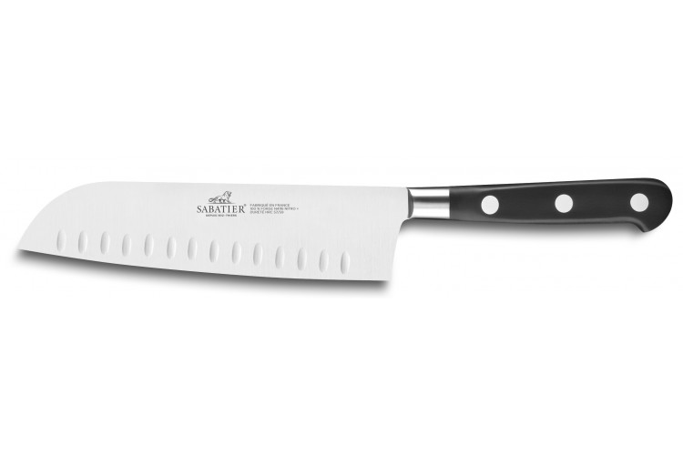 Couteau santoku SABATIER Id&eacute;al Inox 100% forg&eacute; lame alv&eacute;ol&eacute;e 18cm