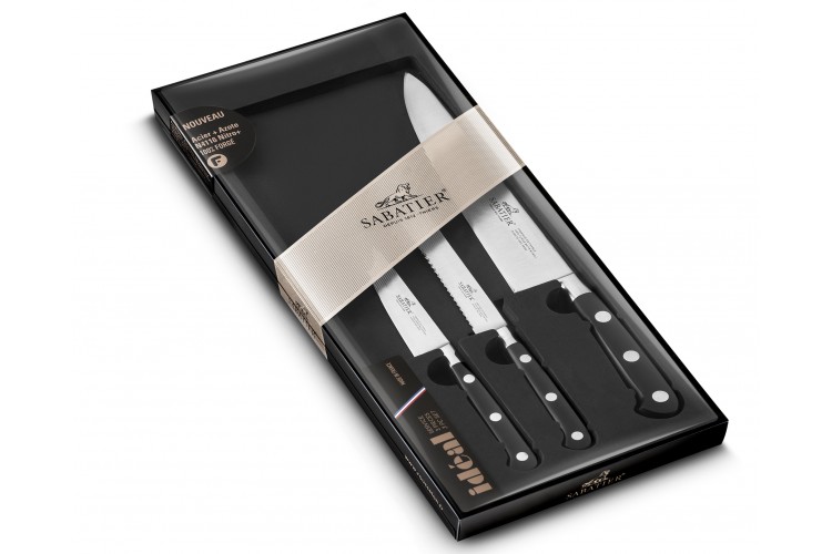 Coffret 3 couteaux SABATIER Id&eacute;al Inox 100% forg&eacute; et fran&ccedil;ais