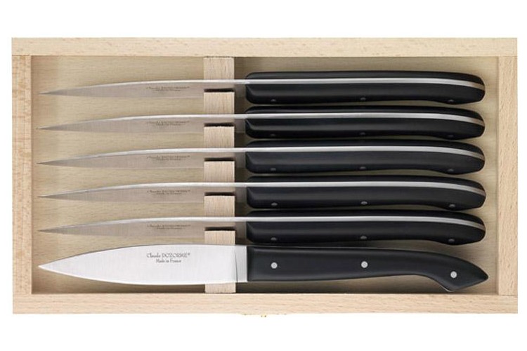 Coffret 6 couteaux &agrave; steak C. DOZORME Capucin lames lisses 23cm manches noirs
