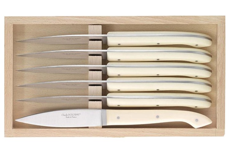 Coffret 6 couteaux &agrave; steak C. DOZORME Capucin lames lisses acier inox manches cr&egrave;mes