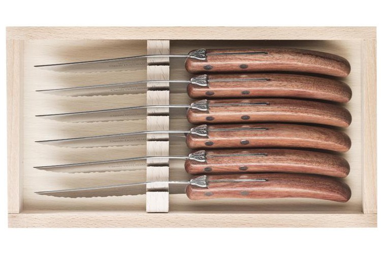 Coffret 6 couteaux &agrave; steak Laguiole C. DOZORME lames dentel&eacute;es manches bubinga