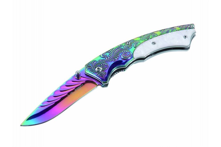 Couteau pliant Herbertz 233511 rev&ecirc;tement titane arc-en-ciel manche 12cm