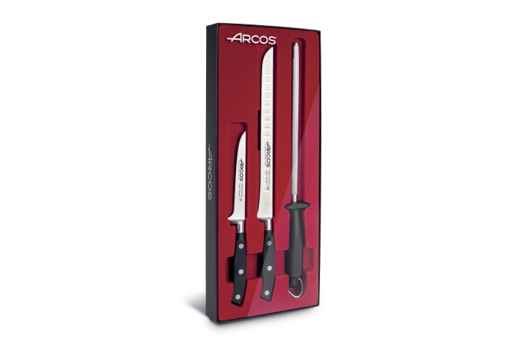 Coffret D&eacute;coupe du Jambon Espagnol Riviera Arcos 2 couteaux + 1 fusil &agrave; aiguiser