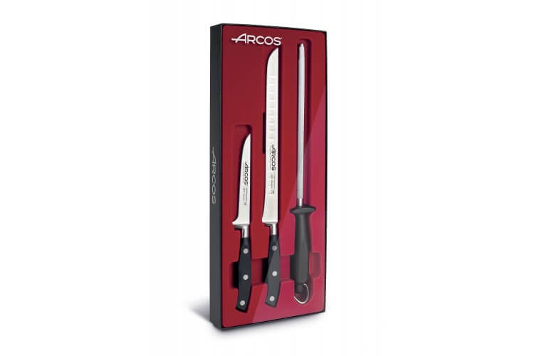 Coffret Découpe du Jambon Espagnol Riviera Arcos 2 couteaux + 1 fusil à aiguiser
