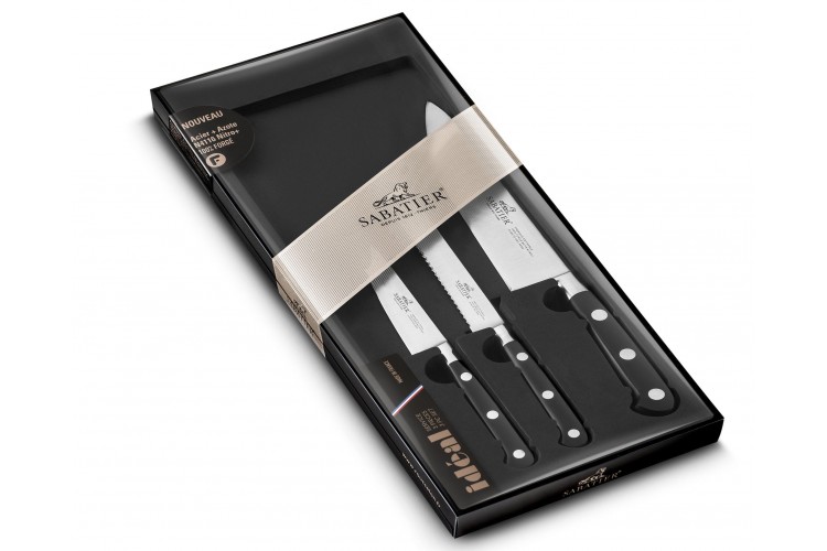 Coffret 3 couteaux fran&ccedil;ais SABATIER Id&eacute;al Inox 100% forg&eacute; Chef+Universel+Office