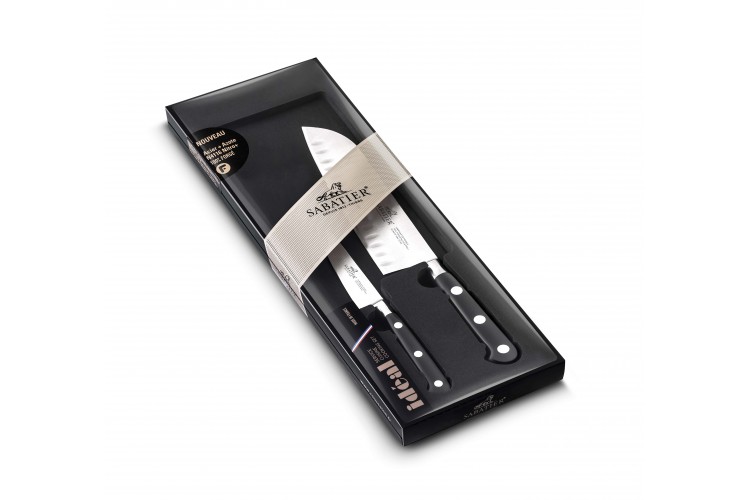 Coffret 2 couteaux fran&ccedil;ais SABATIER Id&eacute;al Inox 100% forg&eacute; Santoku+Office