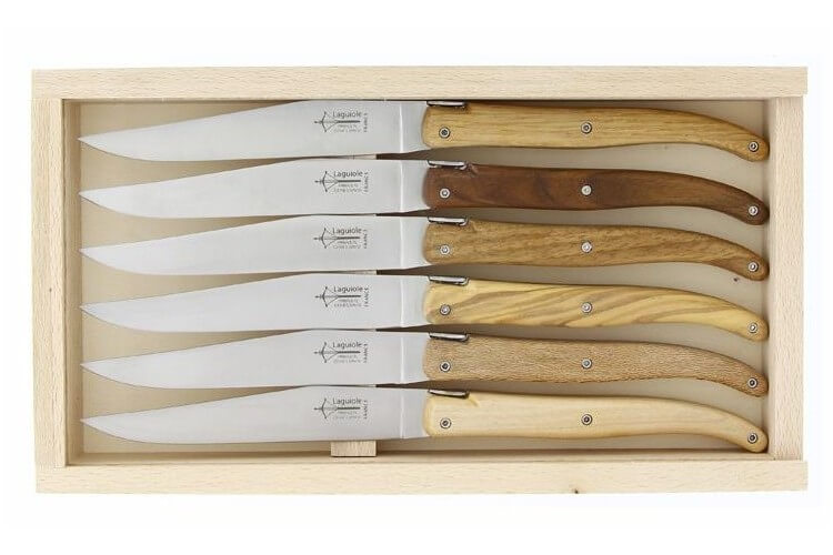 Coffret de 6 couteaux de table Laguiole G. DAVID 23 cm, bois assortis et inox