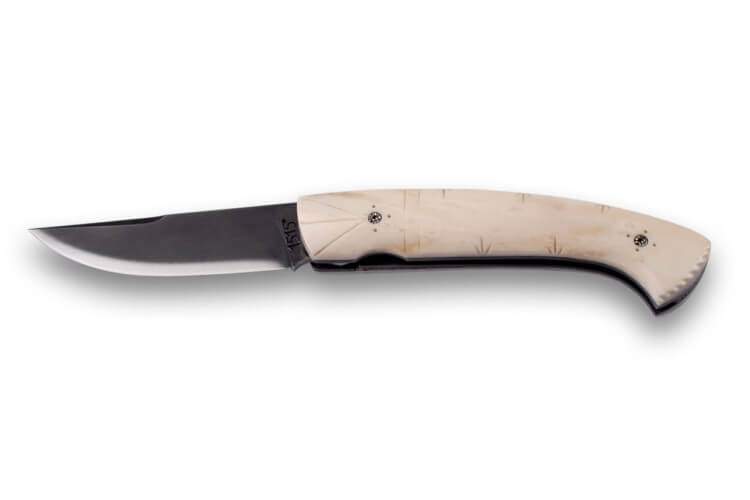 Couteau de poche artisanal 1515 lame oxydée + manche 9.5cm os de renne façon Inuit