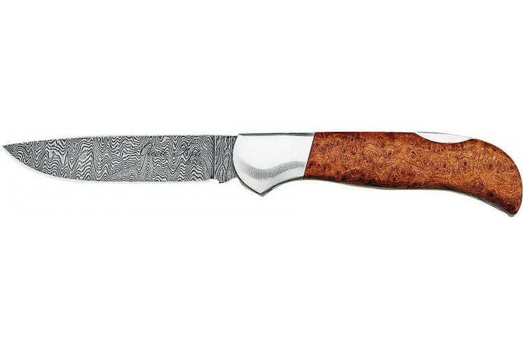 Couteau pliant FOX lame damas manche bois amboine 11cm - Coffret