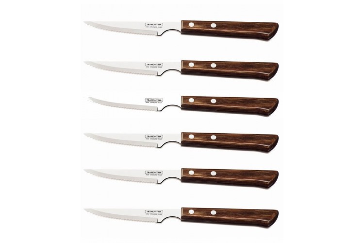 6 couteaux &agrave; steak lame crant&eacute;e 10cm Tramontina manche marron