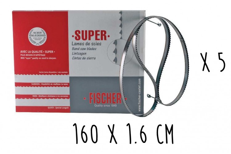 Bo&icirc;te 5 lames dent&eacute;es FISCHER Super acier su&eacute;dois 160cm pour scie &agrave; ruban largeur 16mm