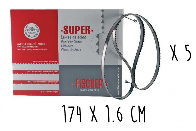 Bo&icirc;te 5 lames dent&eacute;es FISCHER Super acier su&eacute;dois 174cm pour scie &eacute;lectrique &agrave; ruban largeur 16mm