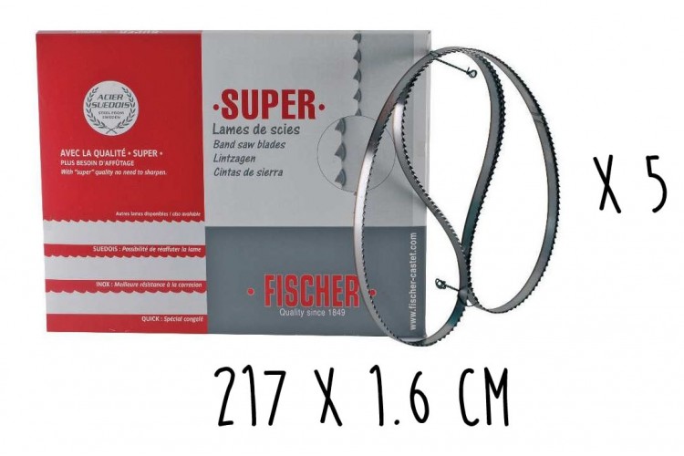 Bo&icirc;te 5 lames dent&eacute;es FISCHER Super acier su&eacute;dois 217cm pour scie &eacute;lectrique &agrave; ruban largeur 16mm