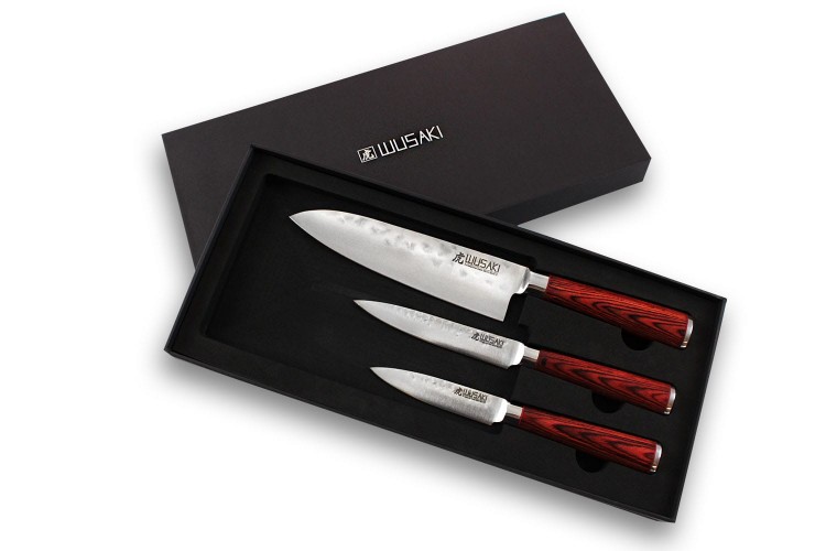 Coffret 3 couteaux Wusaki Pakka X50 pakkawood Santoku + Universel + Office