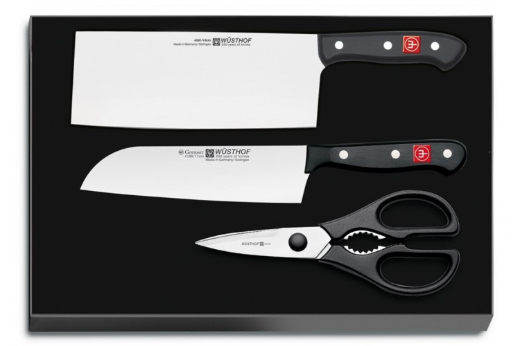 Coffret 3 pi&egrave;ces Wusthof Gourmet couteau de chef chinois + santoku + ciseaux