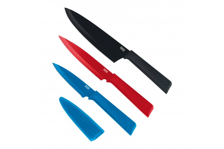 Set 3 couteaux de cuisine Kuhn Rikon COLORI+ rev&ecirc;tement multicolore