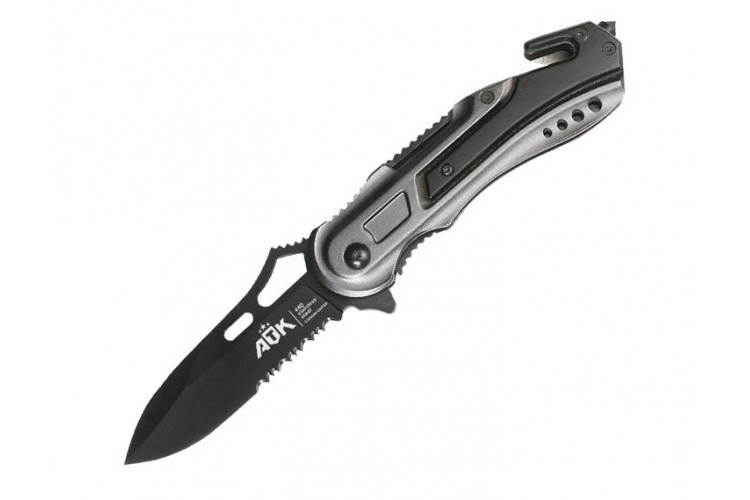Couteau pliant ATK 16405 SPECOP 440 dent&eacute;e manche 11.5cm alu gris + clip
