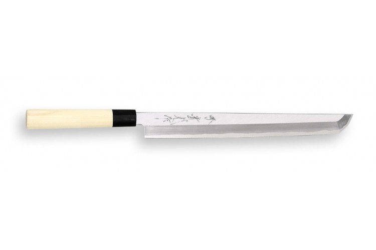 Couteau Sashimi Sakimaru japonais artisanal JIKKO Jyousaku White 2 Steel manche magnolia