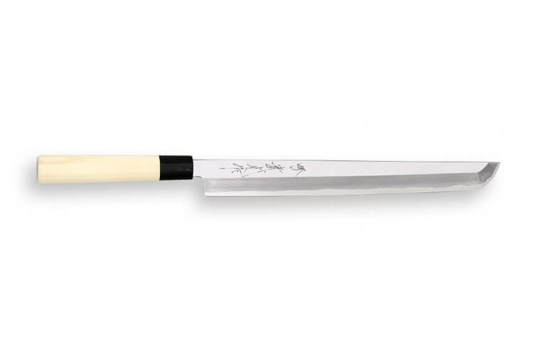 Couteau Sashimi Sakimaru japonais artisanal JIKKO Jyousaku White 2 Steel manche magnolia