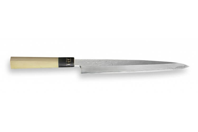 Couteau Sashimi japonais artisanal JIKKO Jyousaku White 2 Steel manche magnolia