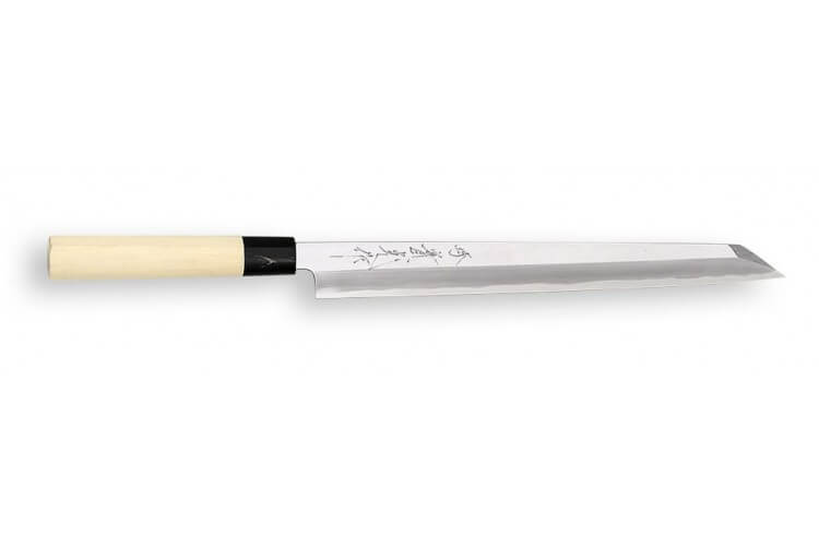 Couteau Sashimi Kiritsuke japonais artisanal JIKKO Jyousaku White 2 Steel manche magnolia