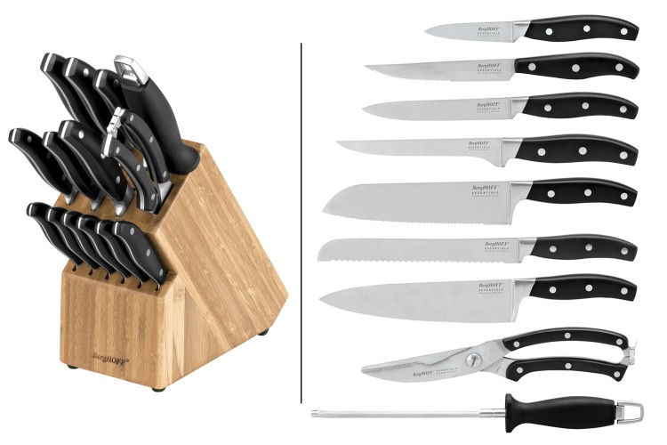 Bloc en bois Berghoff Essentials 12 couteaux + 1 fusil + 1 s&eacute;cateur &agrave; volaille