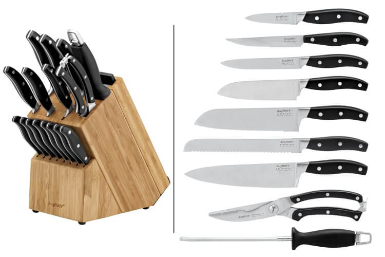 Bloc en bois Berghoff Essentials 14 couteaux + 1 fusil + 1 sécateur + 3 planches à découper