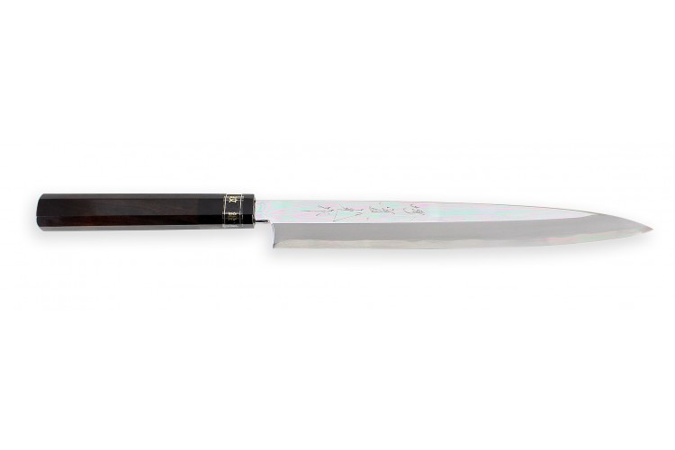 Couteau japonais sashimi haut de gamme JIKKO Montan Kokutan finition miroir manche &eacute;b&egrave;ne