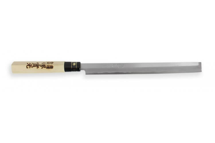 Couteau Takohiki japonais artisanal JIKKO Tokusei lame Nihon Steel manche magnolia gravé