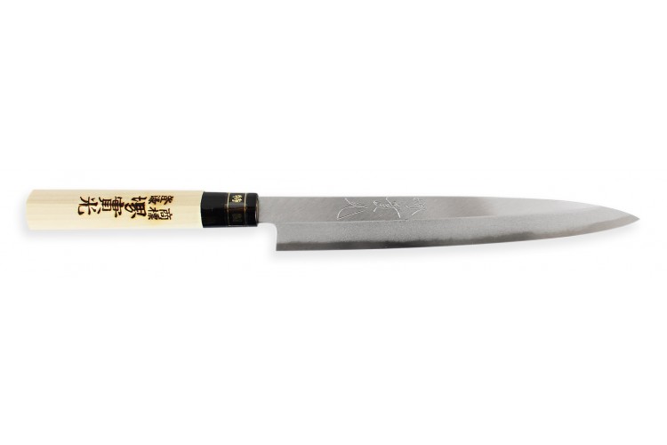 Couteau Sashimi japonais artisanal JIKKO Tokusei Nihon Steel manche magnolia grav&eacute;