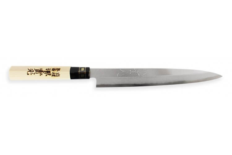 Couteau Sashimi japonais artisanal JIKKO Tokusei Nihon Steel manche magnolia gravé