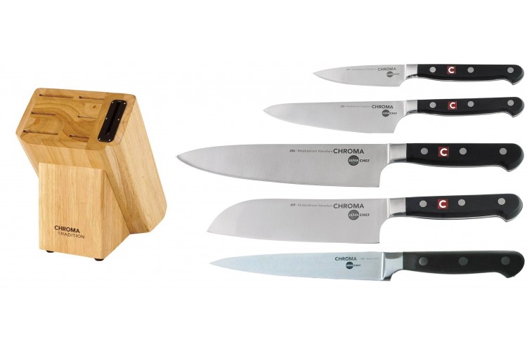 Bloc 5 couteaux Japan Chef Chroma avec aiguiseur int&eacute;gr&eacute;