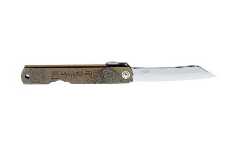 Couteau pliant Higonokami 2671 acier carbone manche gravé 10cm doré