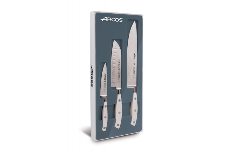 Coffret 3 couteaux Riviera White Arcos forg&eacute;s (Chef+Santoku+Office)