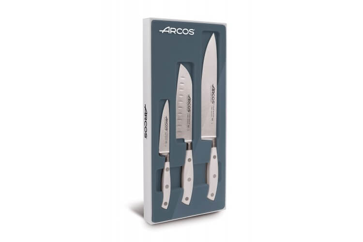 Coffret 3 couteaux Riviera White Arcos forgés (Chef+Santoku+Office)